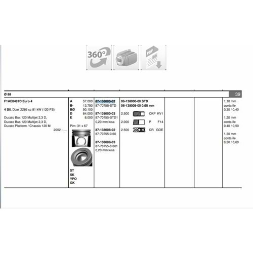 PİSTON SEGMAN STANDART DUCATO DAİLY KARSAN J10 EURO4