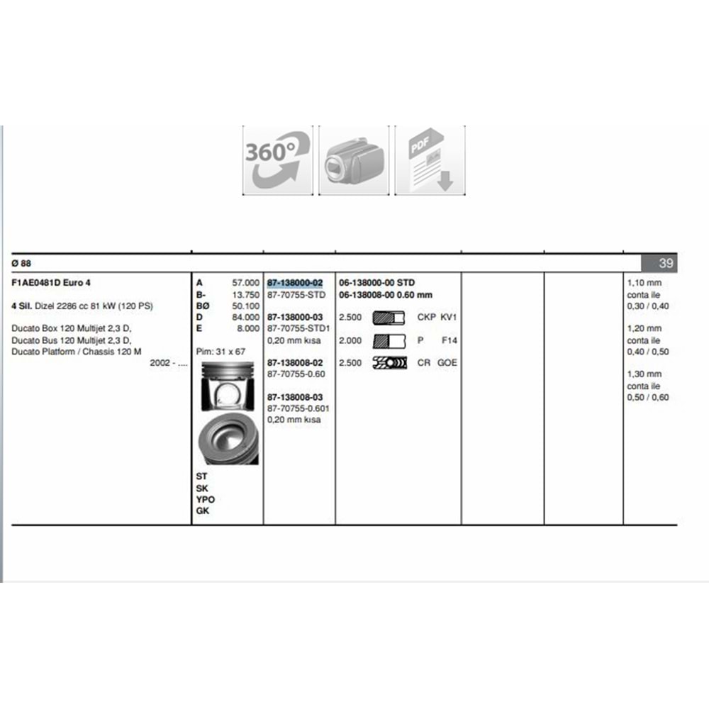 PİSTON SEGMAN STANDART DUCATO DAİLY KARSAN J10 EURO4