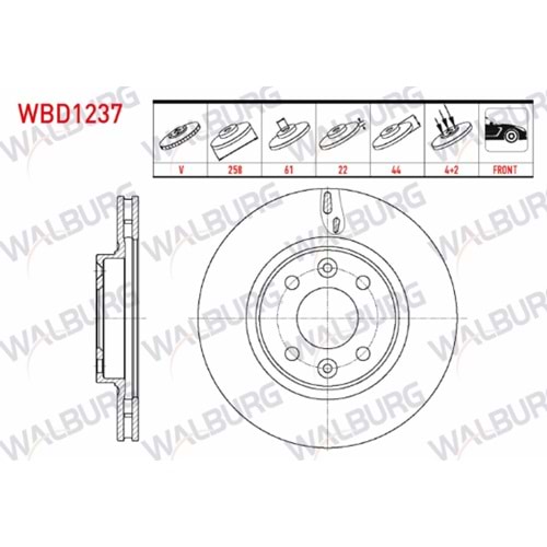FREN DISKI ON HAVALI 4 BJN 258X22X44X61 RENAULT SYMBOL THALIA 2008-2012/ SYMBOL III 2012-/ CLIO IV 2012-2020/ CLIO V 1.5 DCI 2019-/ TALIANT 1.5 DCI 2020-/ CAPTUR I 2013-2021